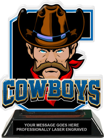 Cowboys Mascot Colorix-T Acrylic Trophy - 6.25 inch Blue [TACR6-MSCT-CWBY-BLU-Q]