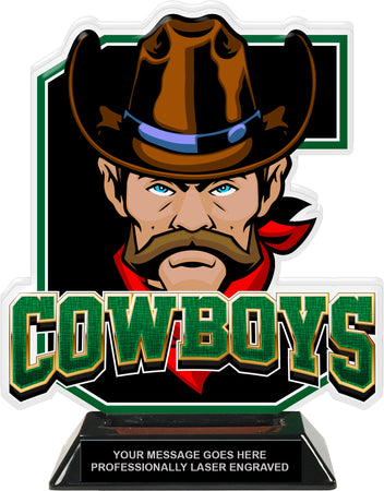 Cowboys Mascot Colorix-T Acrylic Trophy - 8.25 inch Green [TACR8-MSCT-CWBY-GRN-Q]