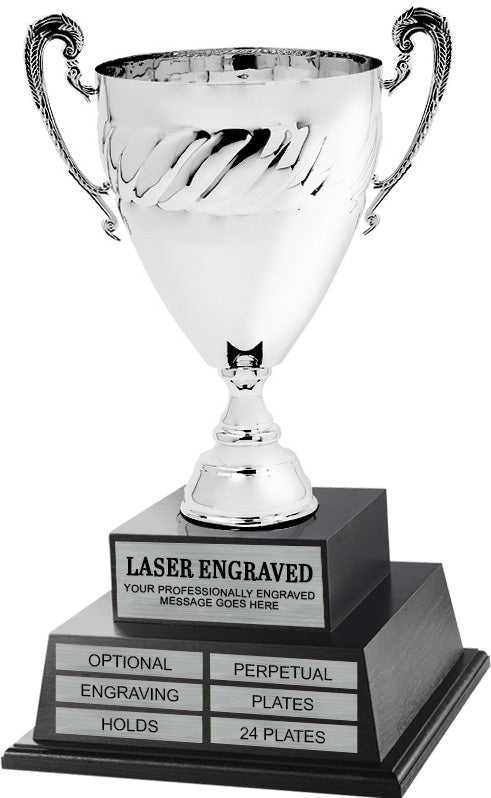 Silver-Plated Italian Metal Perpetual Trophy Cup on Twin Tier Solid Wood Base 22"[TMPP2L-M43]
