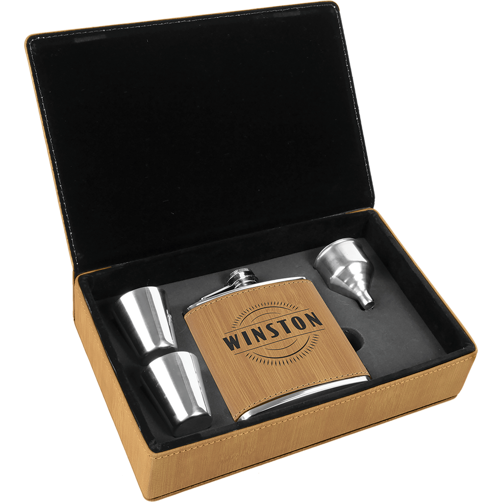 6 oz. Laserable Leatherette Flask Gift Set - Bamboo [FJ3-16]