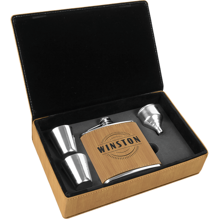 6 oz. Laserable Leatherette Flask Gift Set - Bamboo [FJ3-16]