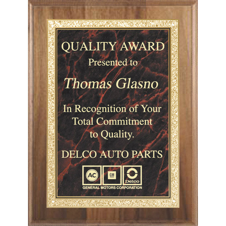 American Walnut Plaques with Solid Brass Red Marbleized Plate
