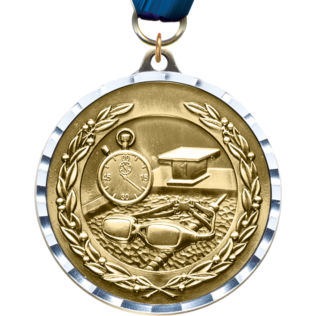 Swimming Diecast Medal with Diamond Cut Border