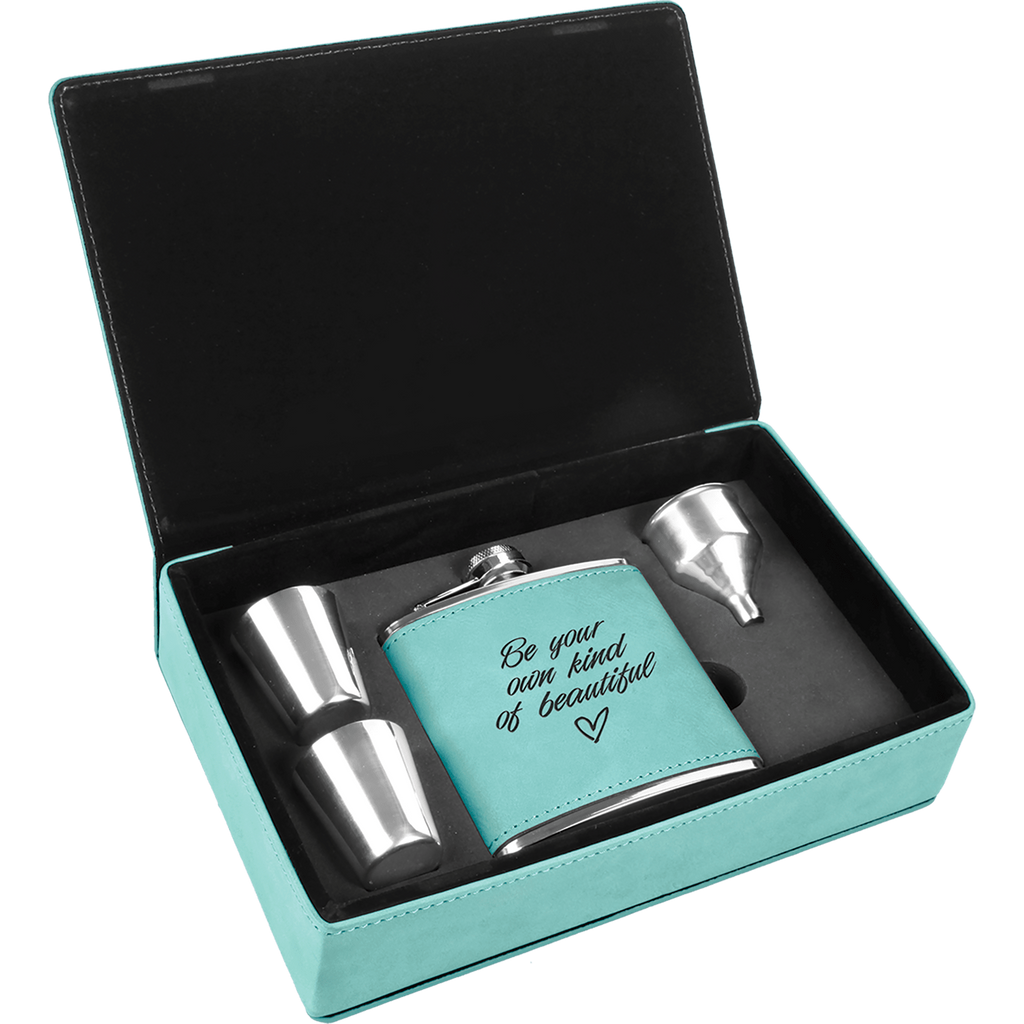 6 oz. Laserable Leatherette Flask Gift Set - Teal [FJ3-14]