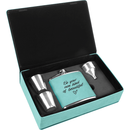 6 oz. Laserable Leatherette Flask Gift Set - Teal [FJ3-14]