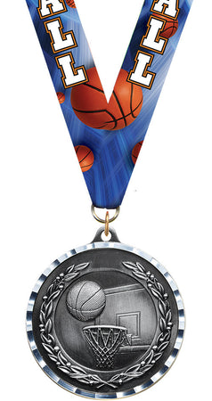 Basketball Diecast Medal with Diamond Cut Border- Silver [MM2DC-BK-S]