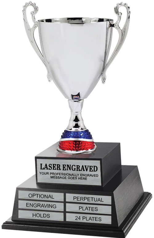 Silver Metal Perpetual Trophy Cup on Twin Tier Solid Wood Base 22" [TMPP2L-1441]
