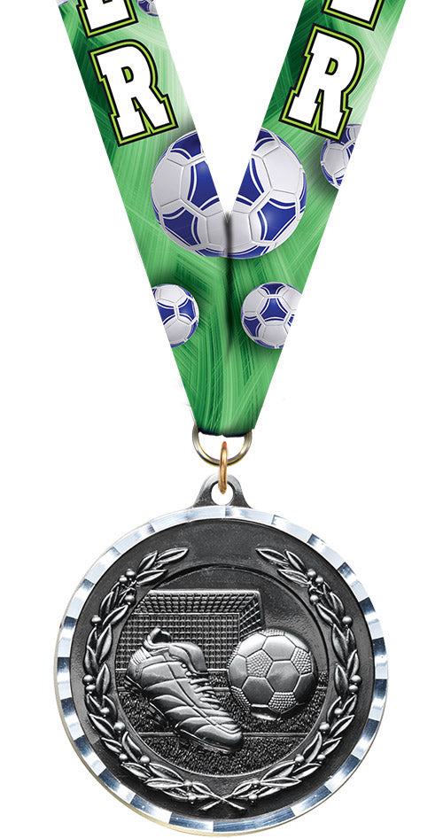 Soccer Diecast Medal with Diamond Cut Border- Silver [MM2DC-SC-S]