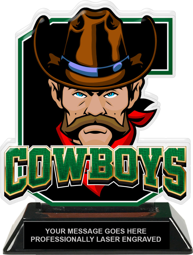 Cowboys Mascot Colorix-T Acrylic Trophy - 6.25 inch Green [TACR6-MSCT-CWBY-GRN-Q]