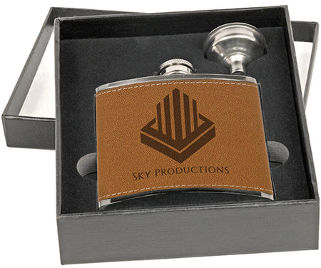 6 oz. Leather Flask Set in Black Presentation Box [FLSKSETJ-675]