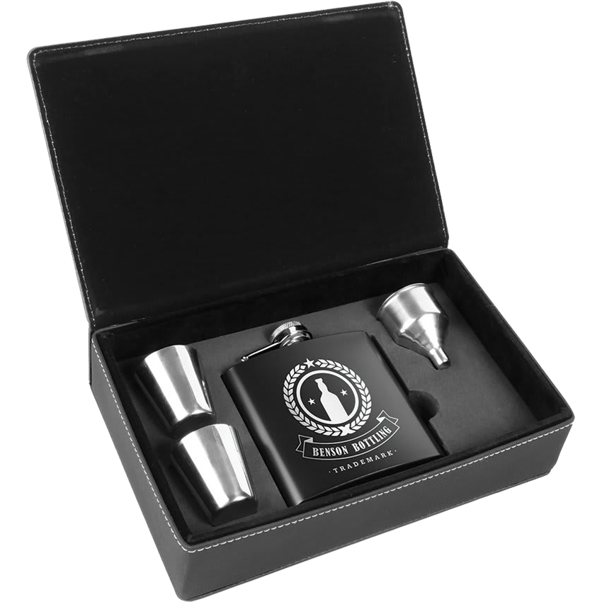 6 oz. Laserable Leatherette Flask Gift Set - Black Stainless Steel [FJ3-12]