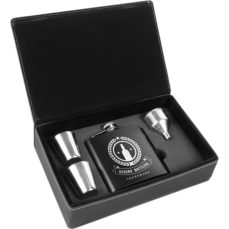 6 oz. Laserable Leatherette Flask Gift Set - Black Stainless Steel [FJ3-12]
