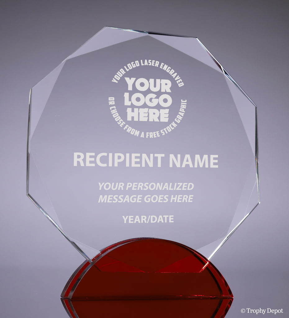 Crystal Octagon Award on Red Double Arc Base - 7.75 inch [CM5OCT-7]