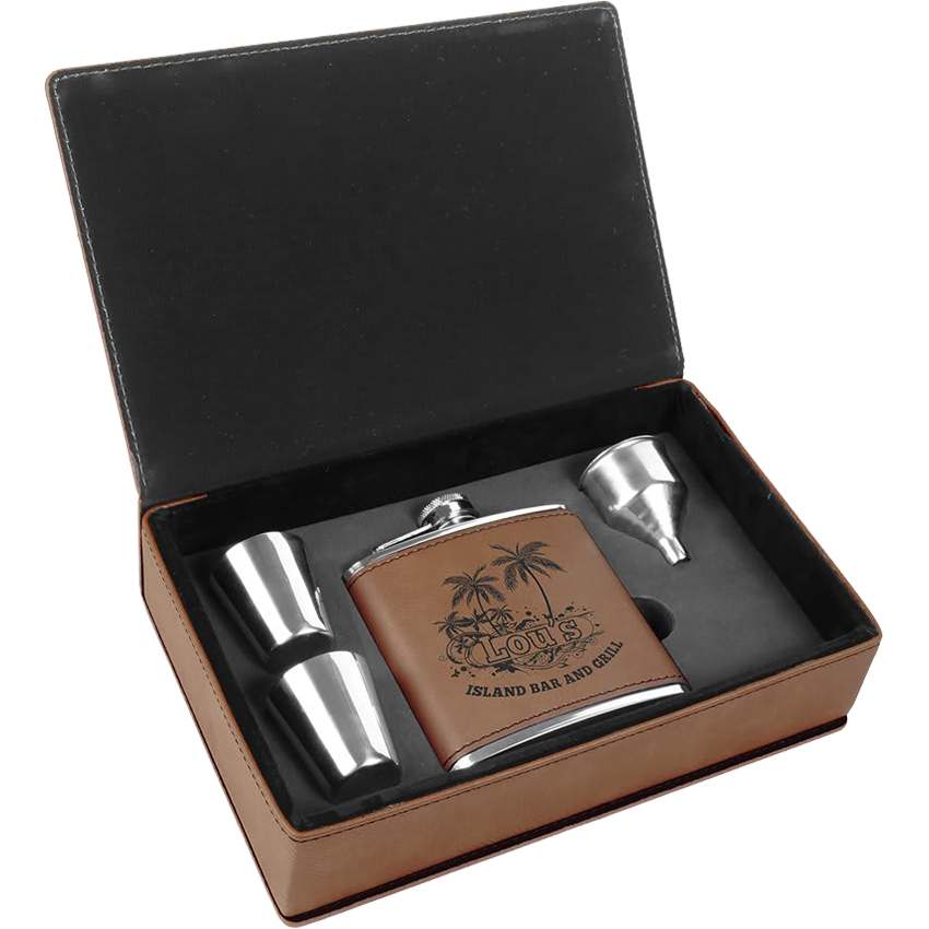 6 oz. Laserable Leatherette Flask Gift Set - Dark Brown  [FJ3-02]