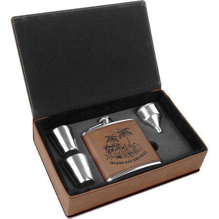 6 oz. Laserable Leatherette Flask Gift Set - Dark Brown  [FJ3-02]