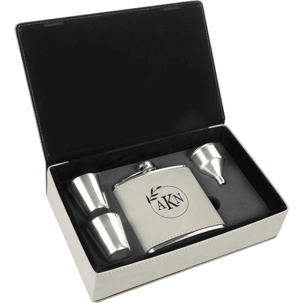 6 oz. Laserable Leatherette Flask Gift Set - White [FJ3-19]