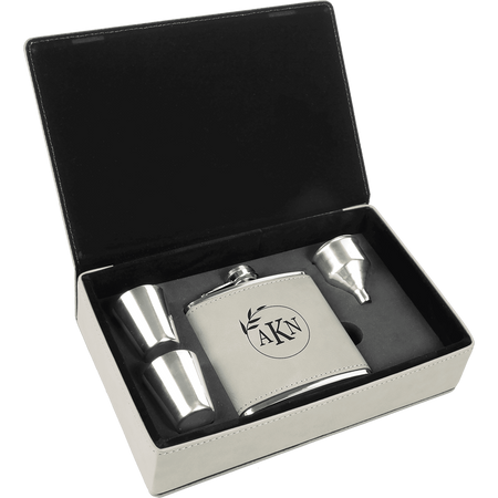 6 oz. Laserable Leatherette Flask Gift Set - White [FJ3-19]