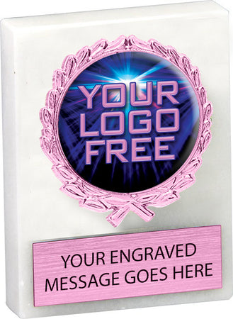 Custom Insert Marble Paperweight with Pink Holder and Plate [MXP3-WHPK]