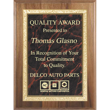 American Walnut Plaque with Solid Brass Red Marbleized Plate - 8 x 10 [PMAP38RD-810]