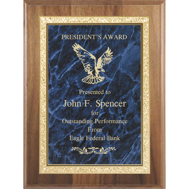 American Walnut Plaques with Solid Brass Blue Marbleized Plate