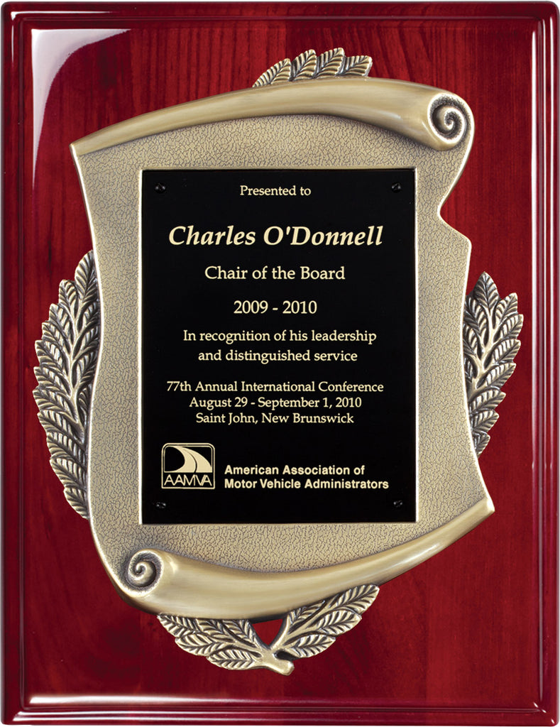 Antique Gold Metal Casted Scroll on a Rosewood Piano Finish 12"x15" Plaque [PM108-1215]
