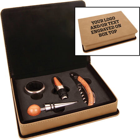Light Brown Laserable Leatherette 4-Piece Wine Tool Set [WJT51]