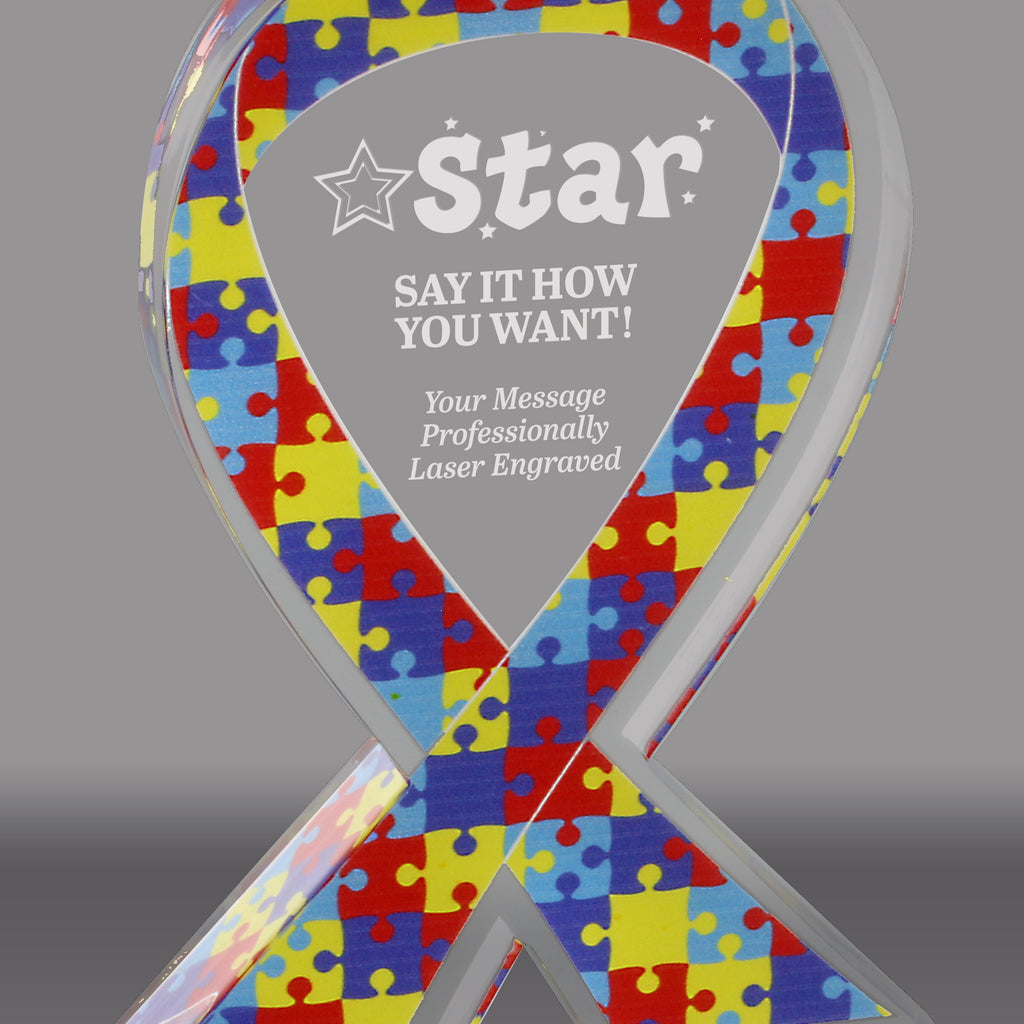 Autism Puzzle Awareness Ribbon Acrylic Awards - Engraved