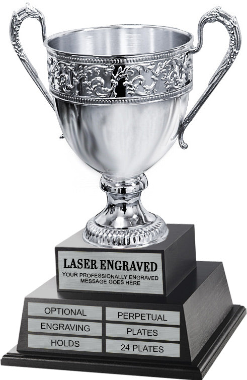 Silver-Plated Italian Metal Perpetual Trophy Cup on Twin Tier Sold Wood Base 21" [TMPP2L-6832]