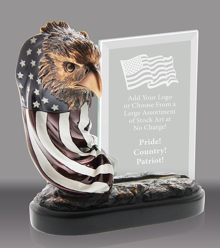 Eagle Head with Flag Resin with Engravable Jade Crystal [RMEG164]