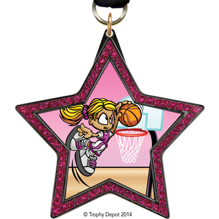 Pink Sparkle Star-Shaped Black Nickel Finish Insert Medal [MBLKSTR-PNK]