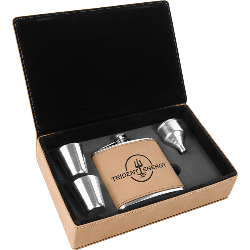 6 oz. Laserable Leatherette Flask Gift Set - Light Brown  [FJ3-01]