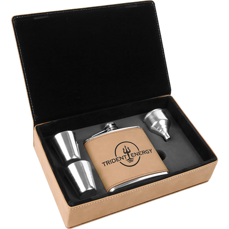 6 oz. Laserable Leatherette Flask Gift Set - Light Brown  [FJ3-01]