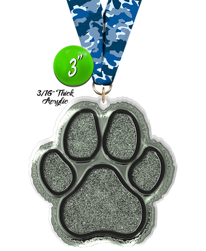 Silver Glitter Paw Colorix-M Acrylic Medal - 3 inch [MACR3-GLTPAW-S-Q]