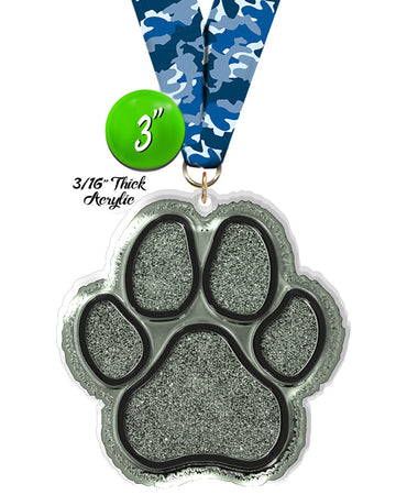 Silver Glitter Paw Colorix-M Acrylic Medal - 3 inch [MACR3-GLTPAW-S-Q]