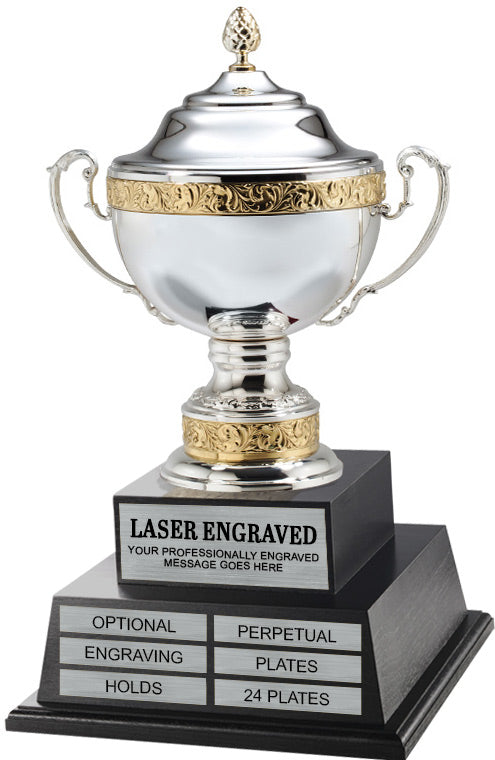 Silver-Plated Italian Metal Perpetual Trophy Cup on Twin Tier Solid Wood Base 23" [TMPP2L-1576]