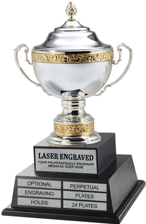 Silver-Plated Italian Metal Perpetual Trophy Cup on Twin Tier Solid Wood Base 23" [TMPP2L-1576]