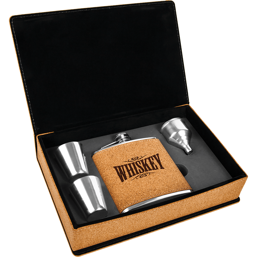 6 oz. Laserable Leatherette Flask Gift Set - Cork [FJ3-13]