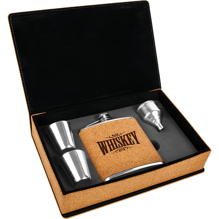 6 oz. Laserable Leatherette Flask Gift Set - Cork [FJ3-13]