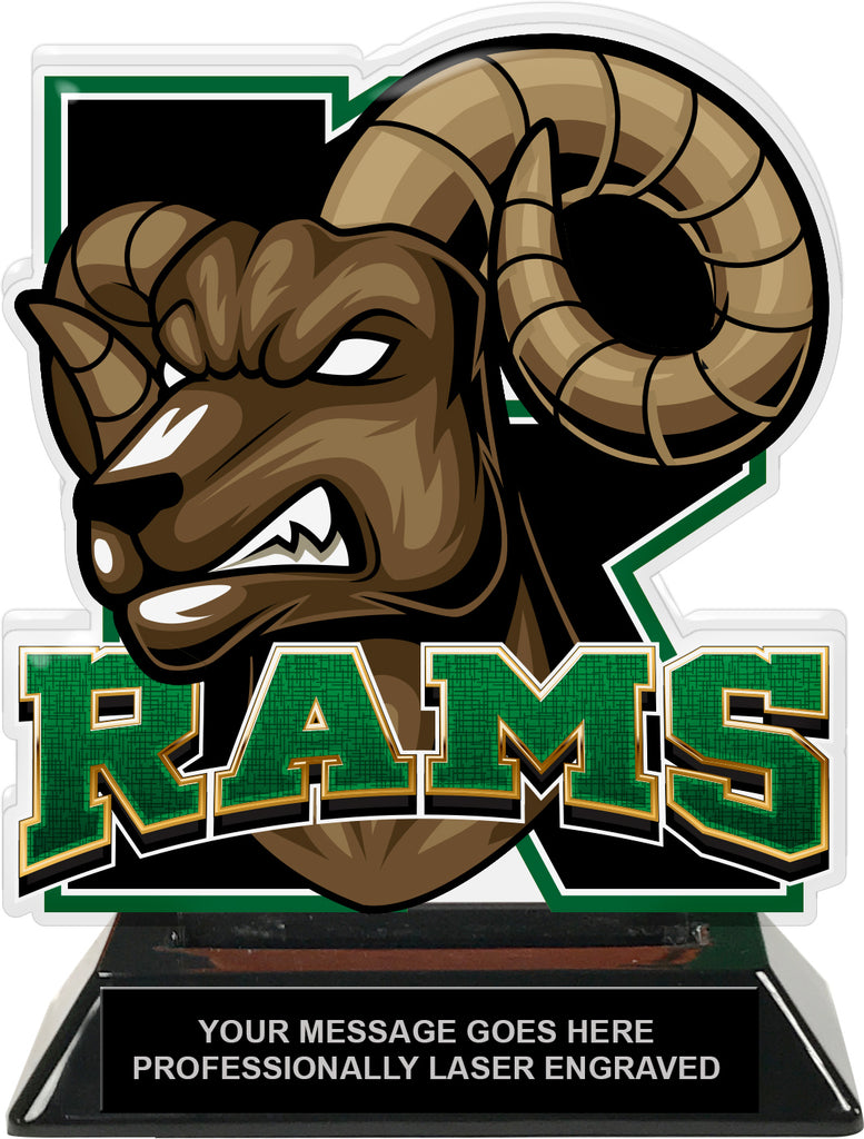 Rams Mascot Colorix-T Acrylic Trophy - 6.25 inch Green [TACR6-MSCT-RAM-GRN-Q]