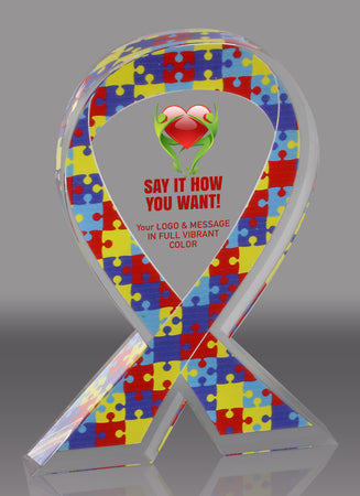 Custom Autism Puzzle Awareness Ribbon Acrylic Award - 5 inch [ATRIB-AS-5-FC-Q]