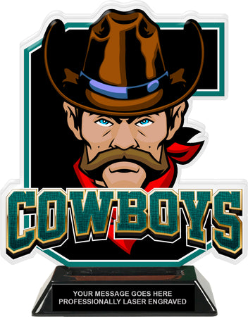 Cowboys Mascot Colorix-T Acrylic Trophy - 8.25 inch Teal [TACR8-MSCT-CWBY-TEAL-Q]