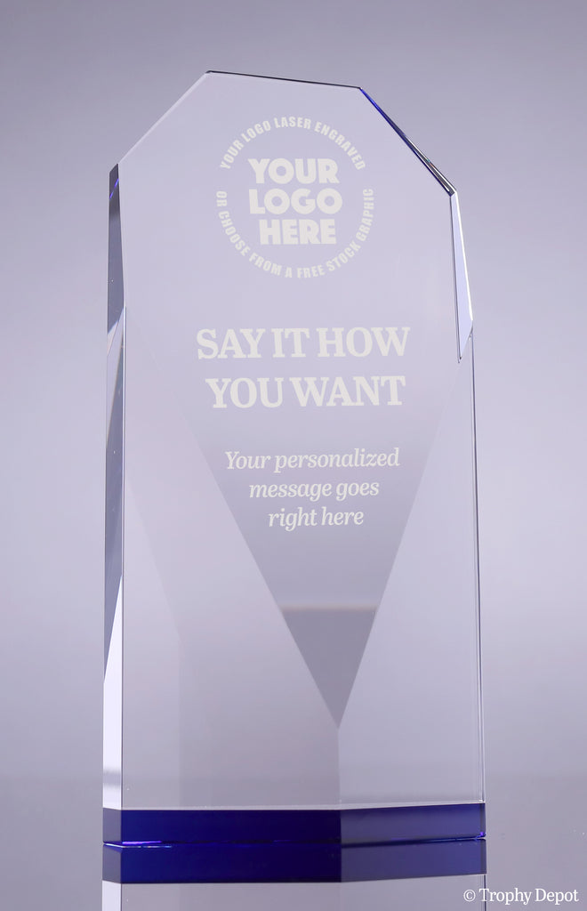 Diamond Faceted Crystal Award with Blue Accents - 7.75 inch [CM54-BLU-7]