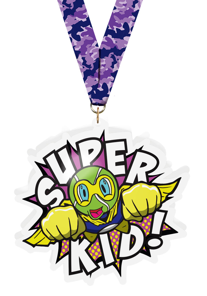 Tennis Super Kid In Flight Acrylic Medal- 3.75 Inch [MACR375-SHKD-TN-Q]