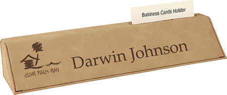 Light Brown Leatherette Desk Wedge Nameplate with Business Card Holder [NPJLW-1310]