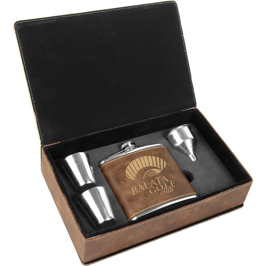 6 oz. Laserable Leatherette Flask Gift Set - Rustic/Gold [FJ3-10]