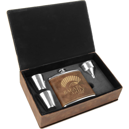 6 oz. Laserable Leatherette Flask Gift Set - Rustic/Gold [FJ3-10]