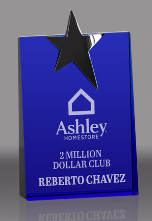 Cobalt Blue Crystal Wedge 6.75"x4.25" with Metal Star Award CF18-6-BLU-X