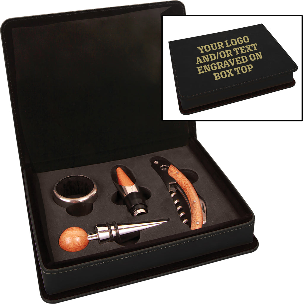 Black-Gold Laserable Leatherette 4-Piece Wine Tool Set [WJT53A]