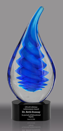Blue Twist Raindrop Art Glass Award on Black Base 10.25" AGJ27-10