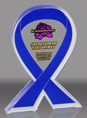 Custom Blue Awareness Ribbon Acrylic Award - 6 inch [ATRIB-BLU-6-FC-Q]